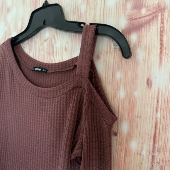 SHEIN Dusty Rose Pink Waffle Knit Asymmetrical Neck Side Slit Top - Picture 5 of 11